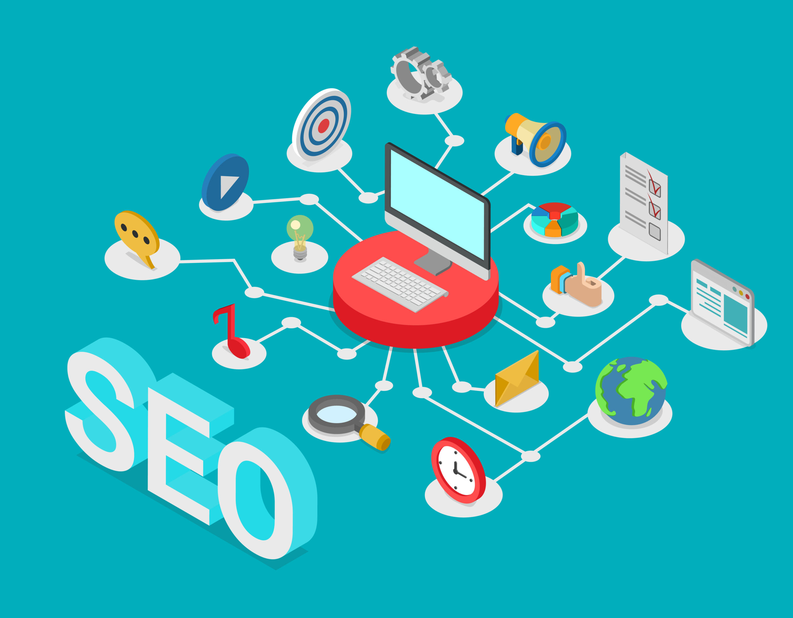 Flat style 3d isometry isometric SEO search engine optimization creative web technology concept. Computer on pedestal connected to SEO-related icons: message music social media post promotion target.